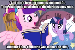 Size: 1024x683 | Tagged: semi-grimdark, deleted from derpibooru, derpibooru import, princess cadance, twilight sparkle, alicorn, pony, unicorn, and that's how equestria was made, bed, bedtime story, book, cadance's bedtime stories, caption, duo, exploitable meme, female, filly, horn, image macro, implied death, insane fan theory, lcl, looking up, meme, neon genesis evangelion, origins, reading, rebirth, text, theory, wings, younger