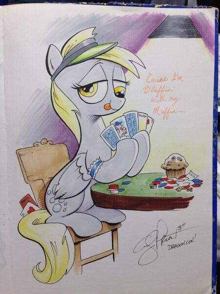 Size: 768x1024 | Tagged: safe, artist:andypriceart, derpibooru import, derpy hooves, pegasus, pony, card, chair, female, food, lady gaga, magic the gathering, mare, muffin, poker, poker face (song), solo, song reference, tongue out, traditional art