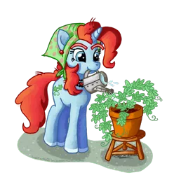 Size: 1024x1033 | Tagged: safe, artist:tierraverde, derpibooru import, oc, oc:snowdrop (mutatingraven), unofficial characters only, pony, unicorn, female, mare, mouth hold, mutatingraven, plant, solo, watering can