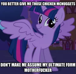 Size: 587x569 | Tagged: safe, derpibooru import, twilight sparkle, twilight sparkle (alicorn), alicorn, pony, caption, faic, female, image macro, mare, mcdonald's, melodi dushane, smirk, solo, text, twiface, vulgar, wrong neighborhood