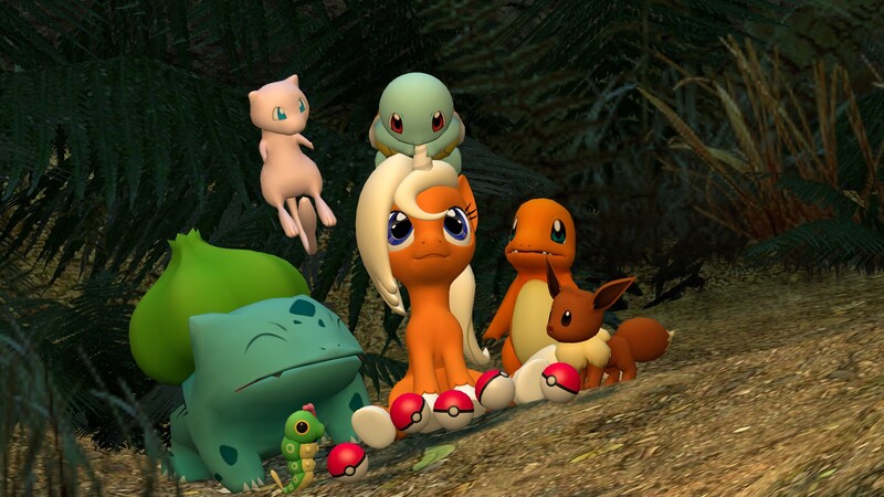 Size: 1600x900 | Tagged: 3d, artist:gmodern-life, bulbasaur, caterpie, charmander, crossover, derpibooru import, eevee, gmod, mew, oc, oc:dreamsicle, pokéball, pokémon, safe, squirtle