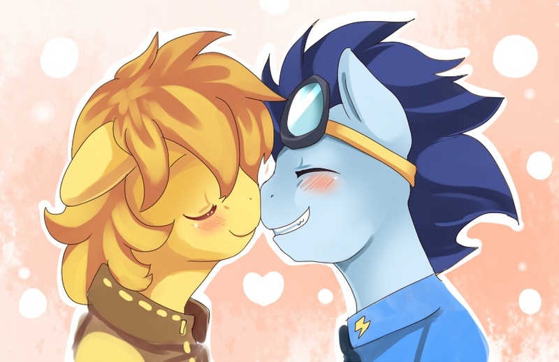 Size: 850x550 | Tagged: anthro, artist:ende26, blushing, boop, braeburn, clothes, cute, derpibooru import, eyes closed, gay, goggles, male, noseboop, nuzzling, safe, shipping, smiling, soarburn, soarin', uniform, wonderbolts uniform