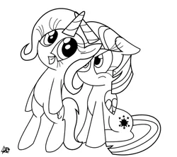 Size: 949x841 | Tagged: safe, artist:daniel-sg, derpibooru import, trixie, twilight sparkle, twilight sparkle (alicorn), alicorn, pony, female, horn, horns are touching, mare, monochrome