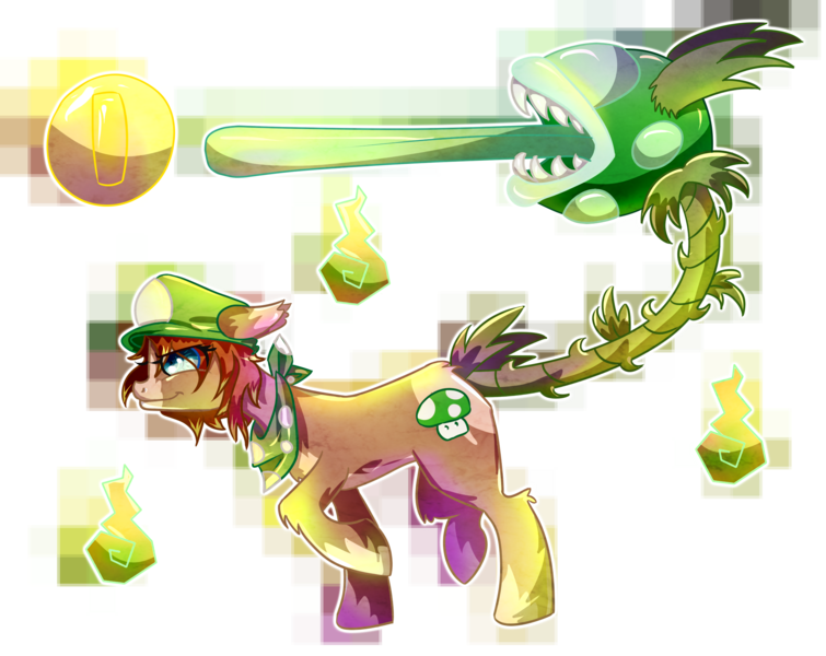 Size: 2258x1794 | Tagged: 1-up mushroom, artist:diabolicalpanda, augmented tail, cap, coin, derpibooru import, hat, luigi, luigi's hat, monster pony, oc, oc:pixel, original species, parody, piranha plant pony, plant, plant pony, safe, solo, super mario bros., unofficial characters only