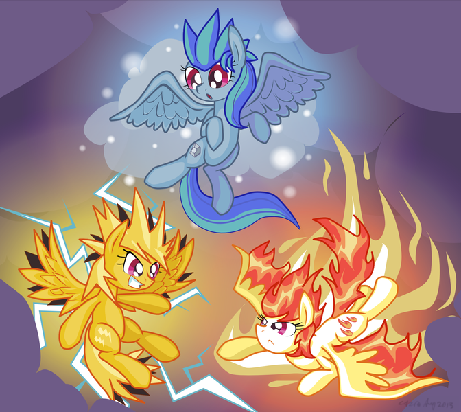 Size: 1784x1593 | Tagged: safe, artist:cazra, derpibooru import, ponified, articuno, elemental, moltres, pegasus, pony, zapdos, cloud, fire, legendary pokémon, lightning, mane of fire, pokémon, trio