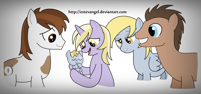 Size: 3120x1464 | Tagged: safe, artist:estevangel, derpibooru import, derpy hooves, dinky hooves, doctor whooves, pipsqueak, time turner, pegasus, pony, dinkysqueak, equestria's best grandmother, equestria's best mother, equestria's new generation's best mother, female, foal, male, mare, offspring, parent:dinky hooves, parent:pipsqueak, parents:dinkysqueak, shipping, straight