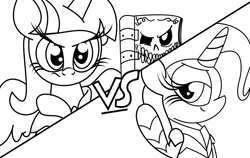 Size: 836x528 | Tagged: safe, artist:daniel-sg, derpibooru import, trixie, twilight sparkle, twilight sparkle (alicorn), alicorn, pony, armor, book, monochrome