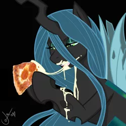 Size: 500x500 | Tagged: artist:mylittlepornedits, cheese, derpibooru import, eating, edit, food, meat, not porn, pepperoni, pepperoni pizza, pizza, queen chrysalis, solo, suggestive, that's not mayonnaise