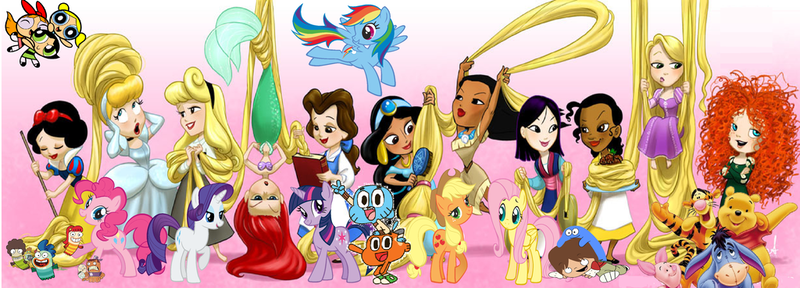 Size: 1024x369 | Tagged: safe, artist:amy mebberson, derpibooru import, applejack, fluttershy, pinkie pie, rainbow dash, rarity, twilight sparkle, aladdin, albert glass, ariel, bea goldfishberg, belle, bloo (foster's), blossom (powerpuff girls), brave, bubbles (powerpuff girls), buttercup (powerpuff girls), cinderella, clash of hasbro's titans, clothes, crossover, cut and paste, darwin watterson, disney, disney princess, disney princesses, dress, eeyore, fa mulan, fish hooks, foster's home for imaginary friends, gumball watterson, image, impossibly long hair, jasmine, jocktopus, jumbo shrimp, long hair, mac (foster's), mane six, merida, milo, mulan, oscar, piglet, png, pocahontas, princess aurora, rapunzel, sleeping beauty, snow white, snow white and the seven dwarfs, tangled (disney), the amazing world of gumball, the powerpuff girls, the princess and the frog, tiana, winnie the pooh