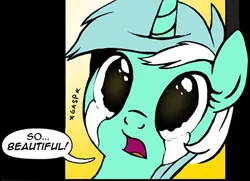 Size: 473x342 | Tagged: safe, artist:zoarvek, derpibooru import, edit, lyra heartstrings, pony, unicorn, bust, cropped, crying, dialogue, gasp, it's beautiful, open mouth, portrait, reaction image, solo, talking