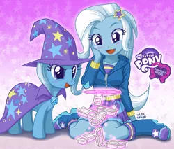 Size: 750x639 | Tagged: safe, artist:uotapo, derpibooru import, trixie, pony, unicorn, equestria girls, equestria girls (movie), blushing, clothes, crackers, cute, daaaaaaaaaaaw, diatrixes, equestria girls logo, female, food, hat, hoodie, human ponidox, magic, mare, open mouth, peanut butter, peanut butter crackers, self ponidox, square crossover, trixie's hat, uotapo is trying to murder us, weapons-grade cute