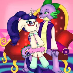 Size: 1024x1024 | Tagged: suggestive, artist:wickedsilly, derpibooru import, rarity, spike, pony, 80's fashion, 80s, alternate hairstyle, clothes, female, glasses, horn, hornjob, letterman jacket, licking, long tongue, male, midriff, miniskirt, roleplaying, school uniform, schoolgirl, shipping, sideass, skirt, sparity, stockings, straight, thigh highs, tongue out