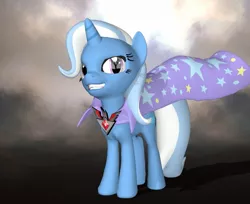 Size: 993x812 | Tagged: safe, artist:rachidile, derpibooru import, trixie, pony, unicorn, 3d, alicorn amulet, cape, clothes, female, grin, looking at you, mare, smiling, solo, source filmmaker, trixie's cape