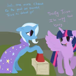 Size: 500x500 | Tagged: safe, artist:autumnbramble, derpibooru import, trixie, twilight sparkle, twilight sparkle (alicorn), alicorn, pony, female, mare, rejection, sad, shell game