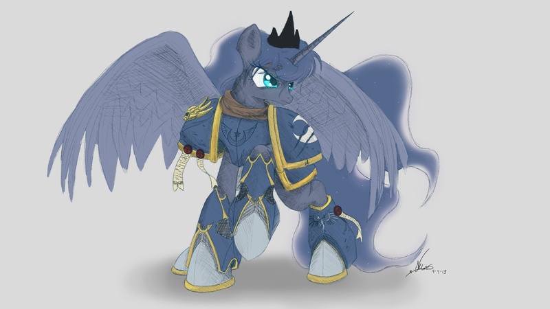 Size: 2000x1125 | Tagged: armor, artist:ncmares, crossover, derpibooru import, power armor, powered exoskeleton, princess luna, purity seal, safe, solo, space marine, warhammer 40k, warhammer (game), warrior luna