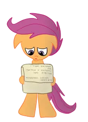 Size: 1479x2058 | Tagged: safe, artist:iados, derpibooru import, scootaloo, pony, bipedal, diagnosis, floppy ears, italian, italian text, paper, sad, scootaloo can't fly, solo