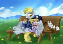 Size: 3650x2603 | Tagged: artist:pridark, bag, bench, clothes, cute, derpibooru import, derpy hooves, dinky hooves, drink, drinking, equestria's best mother, female, filly, food, grass, hat, hoof hold, hug, juice, juice box, letter, mail, mailbag, mailmare, mailpony, muffin, safe, sitting, smiling, spread wings, straw, underhoof, winghug, wings