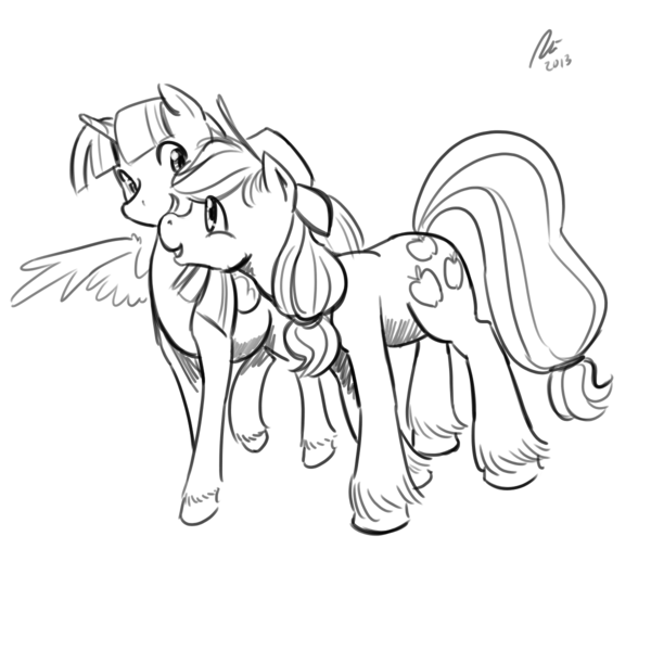 Size: 1200x1200 | Tagged: safe, artist:rwl, derpibooru import, applejack, twilight sparkle, twilight sparkle (alicorn), alicorn, pony, female, grayscale, lesbian, mare, monochrome, shipping, twijack, unshorn fetlocks