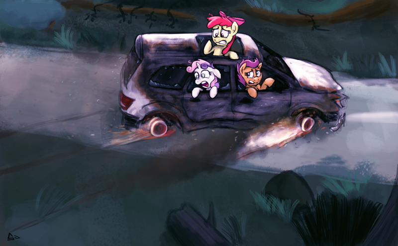 Size: 5304x3280 | Tagged: apple bloom, artist:sevoohypred, car, cutie mark crusaders, derpibooru import, dodge (car), dodge journey, safe, scootaloo, sweetie belle, this will end in tears and/or death and/or covered in tree sap