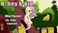 Size: 640x360 | Tagged: 4chan, artifact, caption, /co/, derpibooru import, female, fluttershy, flutterspike, hey kid you wanna ss?, image macro, interspecies, male, ponibooru import, shipping, source needed, spike, /ss/, straight, straight shota, suggestive, text