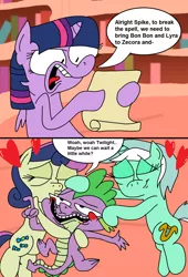 Size: 1024x1502 | Tagged: alicorn, artist:jazo123, bon bon, derpibooru import, kissing, love potion, lyra heartstrings, safe, spike, sweetie drops, twilight sparkle, twilight sparkle (alicorn)