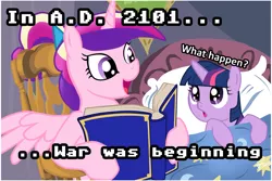 Size: 1024x683 | Tagged: safe, deleted from derpibooru, derpibooru import, princess cadance, twilight sparkle, alicorn, pony, unicorn, all your base are belong to us, bed, bedtime story, book, cadance's bedtime stories, caption, duo, exploitable meme, female, filly, horn, image macro, looking up, meme, reading, text, wings, younger, zero wing