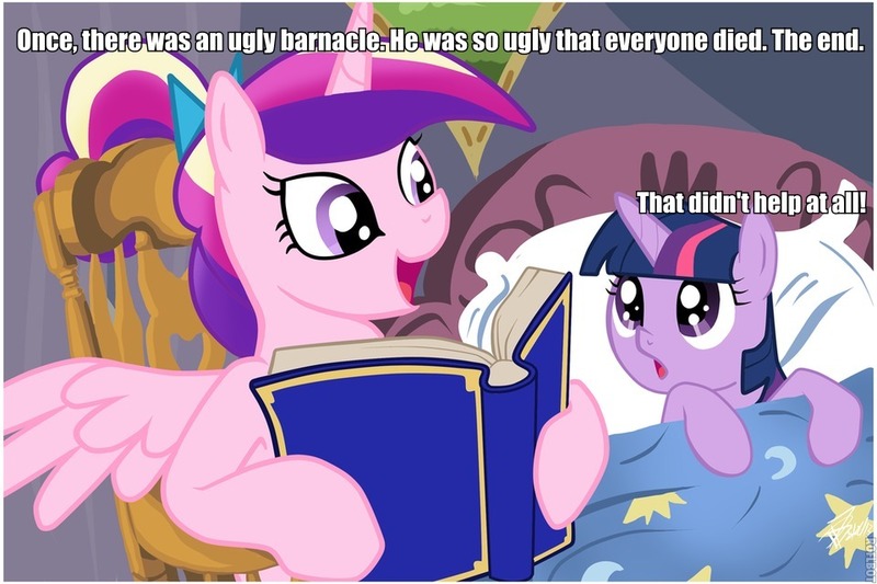 Size: 960x640 | Tagged: safe, deleted from derpibooru, derpibooru import, princess cadance, twilight sparkle, alicorn, pony, unicorn, bed, bedtime story, book, cadance's bedtime stories, caption, duo, exploitable meme, female, filly, horn, image macro, looking up, meme, reading, roflbot, something smells, spongebob squarepants, text, the ugly barnacle, wings, younger