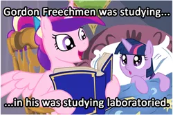 Size: 1024x683 | Tagged: safe, deleted from derpibooru, derpibooru import, princess cadance, twilight sparkle, alicorn, pony, unicorn, bed, bedtime story, book, cadance's bedtime stories, caption, duo, exploitable meme, female, filly, grammar error, half-life, horn, image macro, looking up, meme, quarter-life: halfway to destruction, reading, text, younger