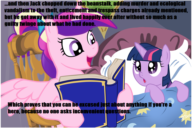 Size: 1024x683 | Tagged: safe, deleted from derpibooru, derpibooru import, princess cadance, twilight sparkle, alicorn, pony, unicorn, bed, bedtime story, book, cadance's bedtime stories, caption, discworld, duo, exploitable meme, female, filly, hogfather, horn, image macro, jack and the beanstalk, looking up, meme, reading, terry pratchett, text, wings, younger