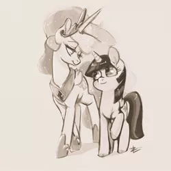 Size: 700x700 | Tagged: safe, artist:lizombie, derpibooru import, princess celestia, twilight sparkle, twilight sparkle (alicorn), alicorn, pony, female, grayscale, mare, monochrome