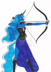 Size: 754x1059 | Tagged: anthro, archer, archery, arrow, artist:13foxywolf666, bow and arrow, bow (weapon), dead source, derpibooru import, princess luna, safe, solo, watermark, weapon