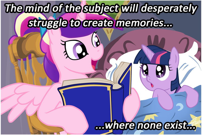 Size: 1024x683 | Tagged: safe, deleted from derpibooru, derpibooru import, princess cadance, twilight sparkle, alicorn, pony, unicorn, bed, bedtime story, bioshock, bioshock infinite, book, cadance's bedtime stories, caption, duo, exploitable meme, female, filly, horn, image macro, looking up, meme, reading, text, wings, younger