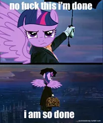 Size: 500x600 | Tagged: safe, derpibooru import, twilight sparkle, twilight sparkle (alicorn), alicorn, pony, caption, female, fuck, fuck this shit i'm out, horn, image macro, mare, mary poppins, meme, reaction, reaction image, text, umbrella, vulgar, wings