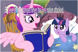 Size: 1024x683 | Tagged: safe, deleted from derpibooru, derpibooru import, princess cadance, twilight sparkle, alicorn, pony, unicorn, avatar the last airbender, bed, bedtime story, book, cadance's bedtime stories, caption, duo, exploitable meme, female, filly, fire nation, horn, image macro, looking up, meme, reading, text, wings, younger
