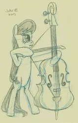 Size: 853x1351 | Tagged: safe, artist:bubsakavermin, derpibooru import, octavia melody, pony, archery, bipedal, bow (instrument), cello, monochrome, musical instrument, solo, strings