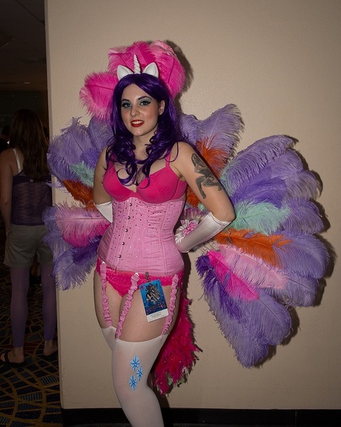 Size: 512x640 | Tagged: artist:pinkhair-bluebox, bra, burlesque, clothes, cosplay, costume, derpibooru import, dragoncon, glimmer wings, human, irl, irl human, photo, rarity, safe, solo, sonic rainboom (episode), tattoo, underwear, wings