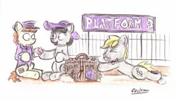 Size: 1679x959 | Tagged: safe, artist:bobthedalek, derpibooru import, oc, oc:mixed melody, oc:octavia's father, oc:octavia's mother, oc:ostinato melody, unofficial characters only, earth pony, pony, female, heavy, male, parent, suitcase, tickets, train station