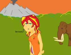 Size: 650x506 | Tagged: dead source, safe, artist:americanraptor, derpibooru import, sunset shimmer, mammoth, woolly mammoth, equestria girls, equestria girls (movie), caveman, cavewoman, ms paint, prehistoric, unamused, volcano