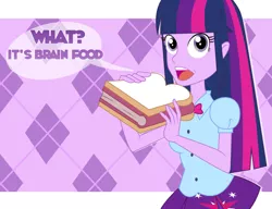Size: 900x691 | Tagged: safe, artist:theroseprince, derpibooru import, twilight sparkle, equestria girls, bad pun, bibliovore, book, food, pun, sandwich, solo, you're doing it wrong