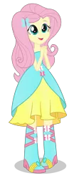 Size: 1042x2500 | Tagged: safe, artist:negasun, derpibooru import, fluttershy, equestria girls, equestria girls (movie), bare shoulders, boots, clothes, cute, dress, fall formal outfits, high heel boots, shoes, simple background, sleeveless, solo, strapless, transparent background, vector