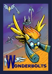 Size: 1042x1489 | Tagged: safe, artist:turonie, derpibooru import, soarin', spitfire, pegasus, pony, flying, poster, wings, wonderbolts