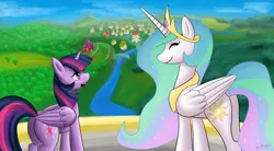 Size: 2000x1100 | Tagged: safe, artist:benjik, derpibooru import, princess celestia, twilight sparkle, twilight sparkle (alicorn), alicorn, pony, female, mare, ponyville