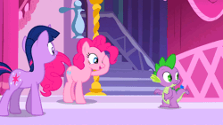 Size: 640x360 | Tagged: animated, animation error, butt, derpibooru import, face grab, green isn't your color, pin, pincushion spike, pinkie pie, plot, safe, screencap, spike, twilight sparkle