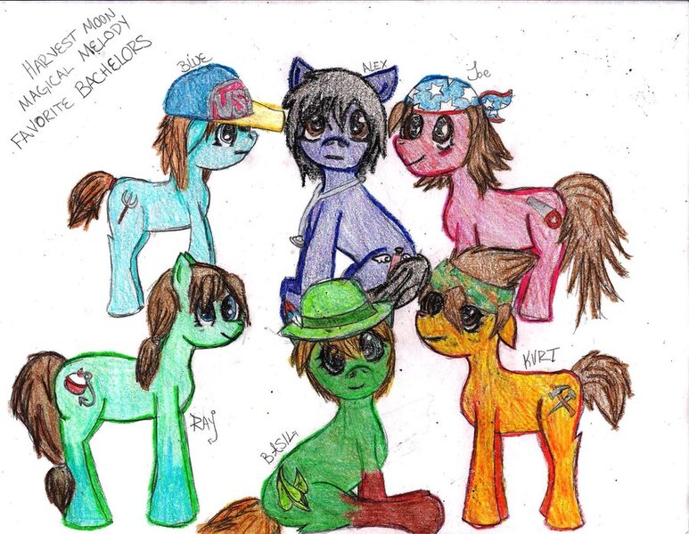 Size: 900x699 | Tagged: safe, artist:midmorningstar, derpibooru import, basil, ponified, dragon, pony, alex, blue, harvest moon, joe, kurt, ray (harvest moon)