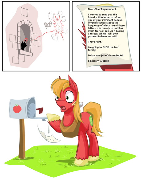 Size: 1100x1428 | Tagged: questionable, derpibooru import, edit, big macintosh, earth pony, pony, alucard, comic, exploitable meme, fluttershy's letter, fuck the fear turkey, hellsing, hellsing ultimate abridged, male, meme, meta, stallion, the crimson fluttr, twitter, vulgar