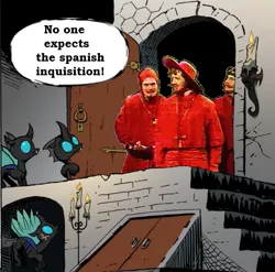 Size: 749x741 | Tagged: changeling, derpibooru import, door, exploitable meme, human, idw, knock knock meme, meme, memeception, monty python, monty python's flying circus, safe, spanish inquisition, wtf, wtf face