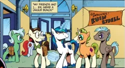 Size: 570x313 | Tagged: safe, derpibooru import, idw, 8-bit (character), gaffer, gizmo, shining armor, earth pony, pegasus, pony, unicorn, spoiler:comic, coat markings, socks (coat marking)