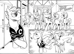 Size: 800x582 | Tagged: 8-bit (character), artist:andypriceart, buck withers, comic, derpibooru import, gaffer, gizmo, idw, monochrome, safe, shining armor, spoiler:comic, spoiler:comic11