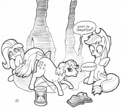 Size: 1120x1000 | Tagged: safe, artist:abronyaccount, derpibooru import, applejack, applejack (g1), fluttershy, earth pony, pony, black and white, book, bow, female, g1, g1 to g4, g4, generation leap, generational ponidox, grayscale, hourglass, mare, monochrome, simple background, speech bubble, tail bow, text, traditional art, white background