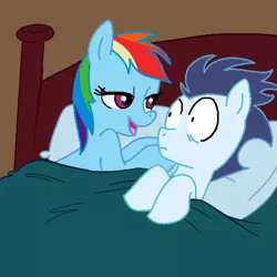 Size: 500x499 | Tagged: safe, artist:jcking101, artist:madmax, derpibooru import, rainbow dash, soarin', pony, aftersex ponies, female, implied sex, male, morning after, pillow, shipping, soarindash, straight, surprised, wide eyes